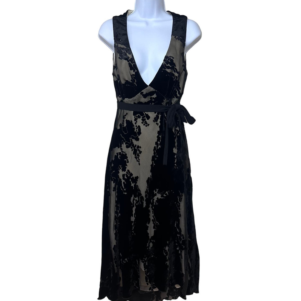 Vintage A.B.S by Allen Schwartz Black Sheer Lace Velvet Floral Midi Dress Y2K 12